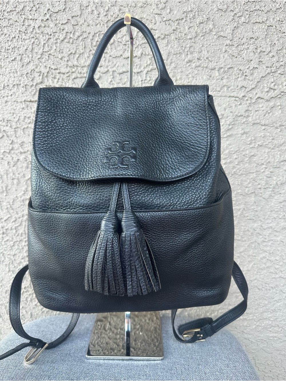 TORY BURCH Black Pebbled Leather Tassel Backpacke